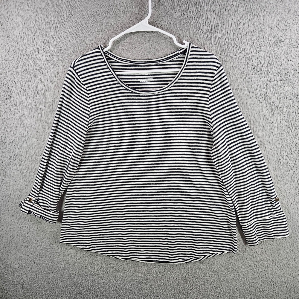 Chico's Ultimate Tee Womens Size 2 L Striped Metallic 3/4‎ Sleeve Knit Top Navy